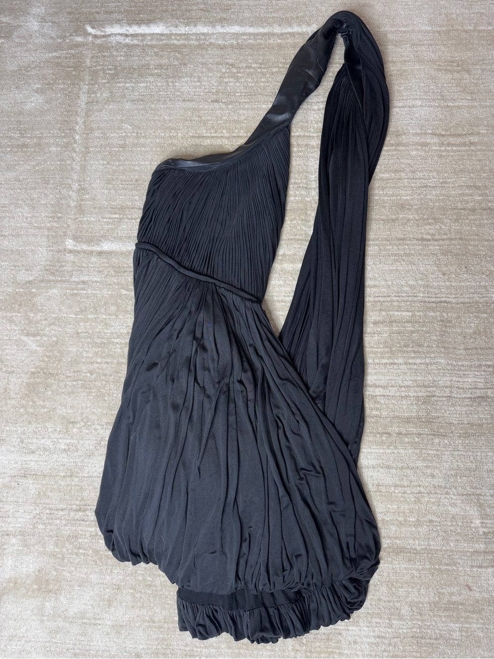 Lloyd Klein Vintage Runway One-Shoulder Black Pleated Bubble Dress with Leather